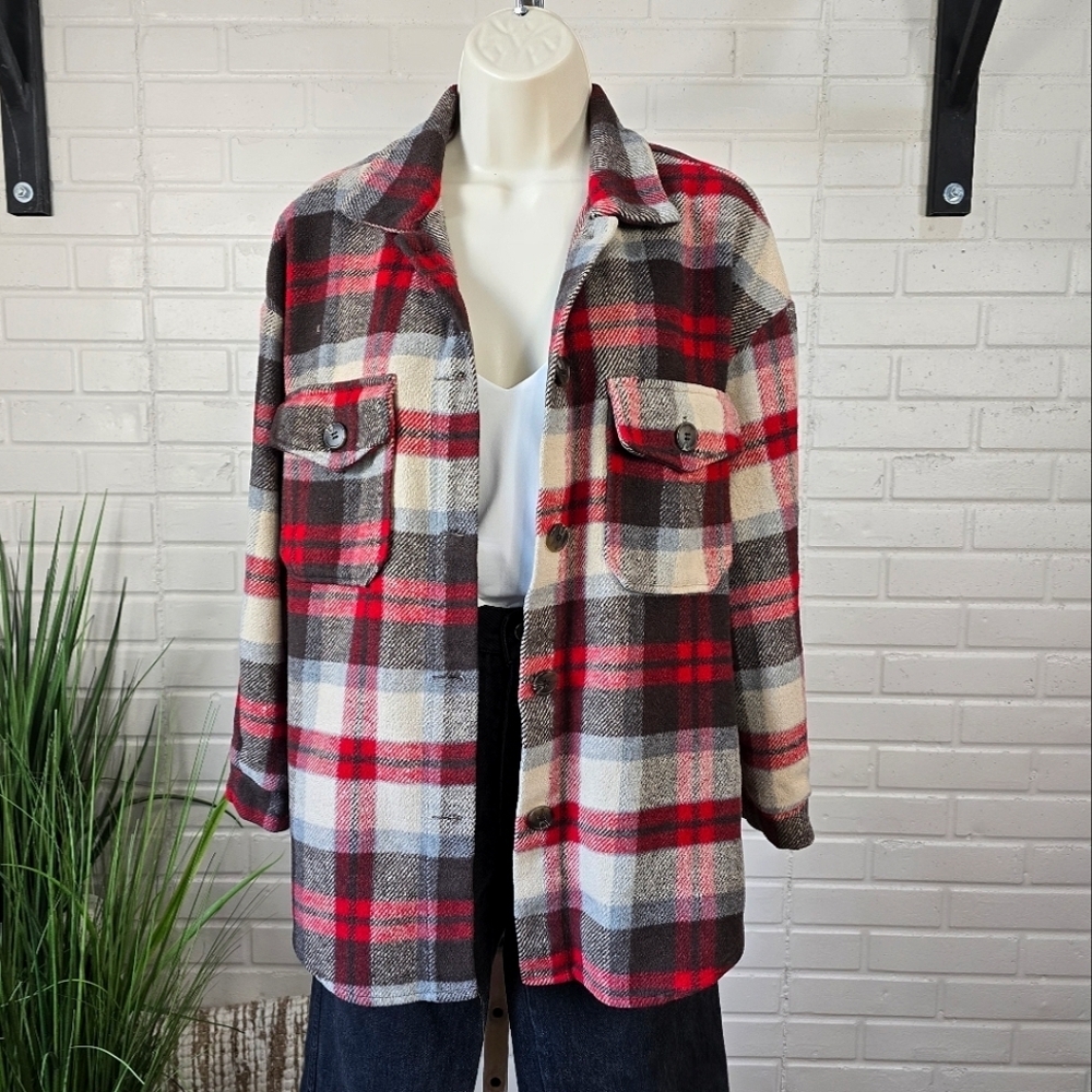 Hyfve Red and Brown Plaid Button Up Shacket Jacket Size Medium - Picture 8 of 8
